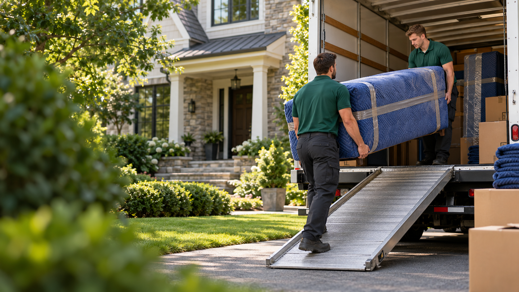 Moving crew handling wrapped furniture at a moving truck